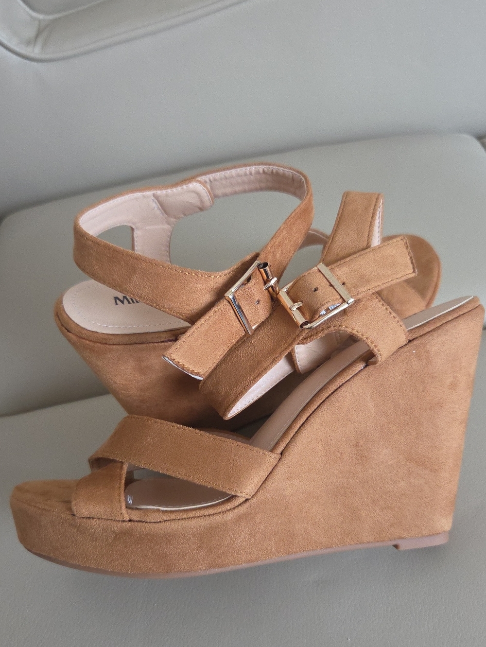 Women's Tan Suede Wedge Sandals with Buckle Strap Size 10